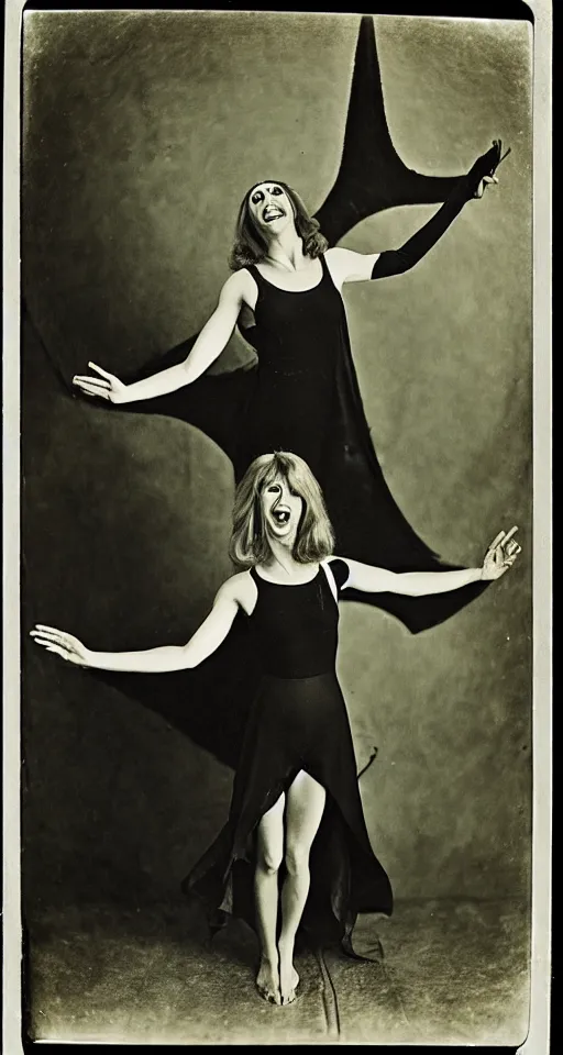 Image similar to wet plate photograph, portrait of Olivia Newton John cheerfully performing satanic occult dance rituals, Aleister Crowley illustrations on graph paper in the background, 1850