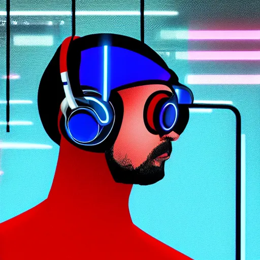 Image similar to a man, in red and blue spotlights, holds on to the headphones on his head, he wears dark visors, cyber songman, cyberpunk style, portrait, official art