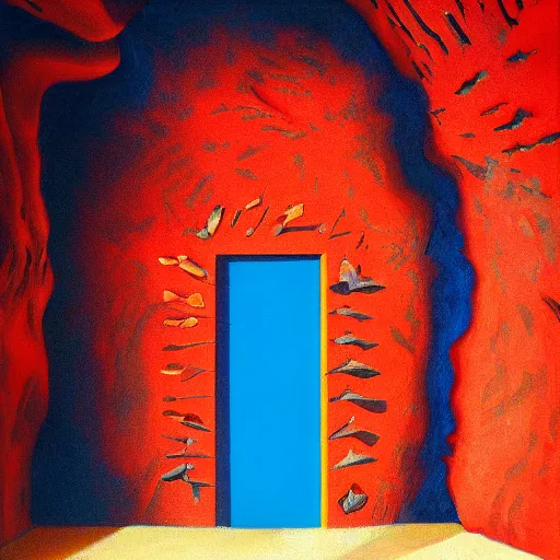 Prompt: surrealist painting of a door made of teeth in a cavern wall, red lighting with blue shadows