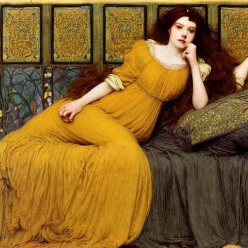 Image similar to preraphaelite photography reclining on bed, a hybrid of judy garland and amy macdonald, aged 2 5, big brown fringe, yellow ochre ornate medieval dress, john william waterhouse, kilian eng, rosetti, john everett millais, william holman hunt, william morris, 4 k