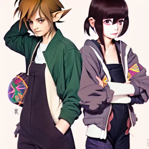 Image similar to beautiful boyish emma watson in majora's mask, wearing oversized mayan bomber jacket with overalls and leotard, bulky poofy bomber jacket with mayan patterns, aztec street fashion, gapmoe yandere grimdark, trending on pixiv fanbox, painted by greg rutkowski makoto shinkai takashi takeuchi studio ghibli, akihiko yoshida