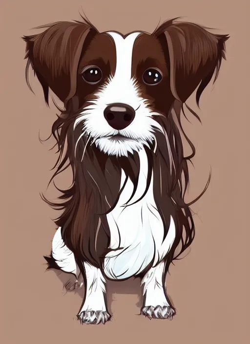 Prompt: a very cute long haired jack russell terrier puppy. he is white with brown spots and brown patches over both eyes. clean cel shaded vector art. shutterstock. behance hd by lois van baarle, artgerm, helen huang, by makoto shinkai and ilya kuvshinov, rossdraws, illustration, art by ilya kuvshinov