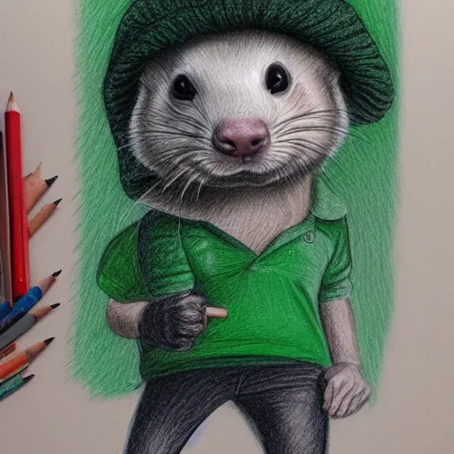 Image similar to A ferret wearing a bright green t-shirt, wearing black jeans, wearing a beanie, Pencil drawing, hyper-detailed, very realistic