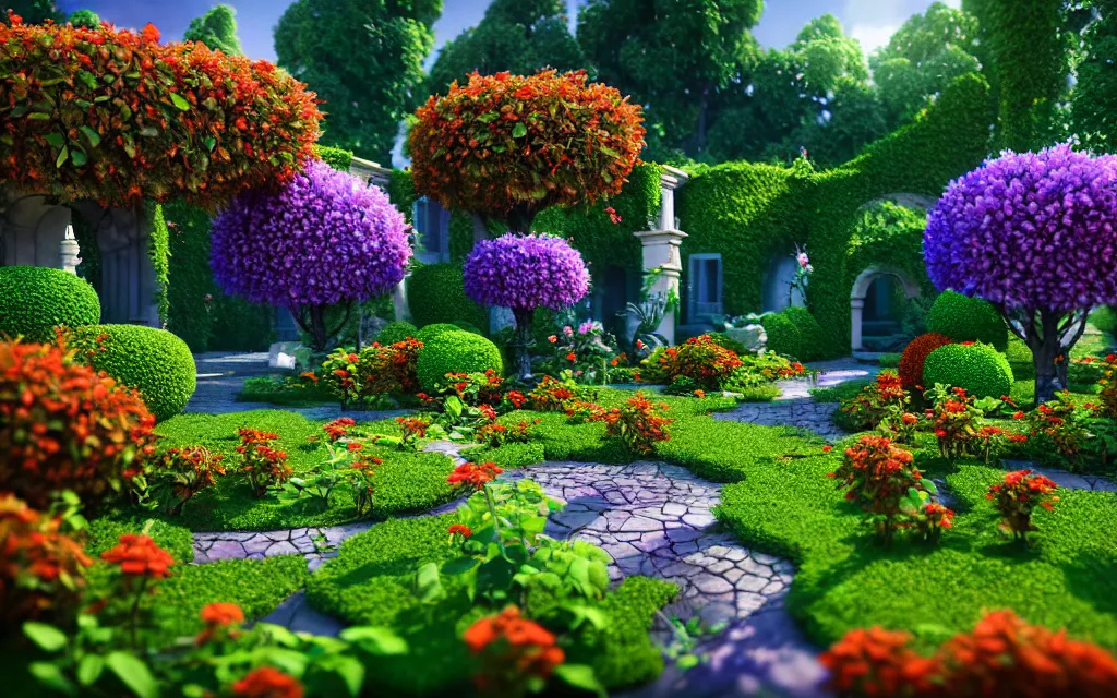 Image similar to a sprawling garden with many flowers and vines, sunny day, beautiful lighting, vivid colors!, highly detailed, cinematic, octane render, 4 k, trending on artstation, deviantart featured