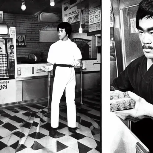 Image similar to 8 k vintage portrait photograph of bruce lee standing inside of a detailed and busy wafflehouse helping out