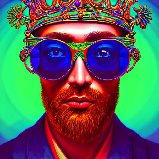 Prompt: An extremely psychedelic portrait of a king with sunglasses, surreal, LSD, face, detailed, intricate, elegant, lithe, highly detailed, digital painting, artstation, concept art, smooth, sharp focus, illustration