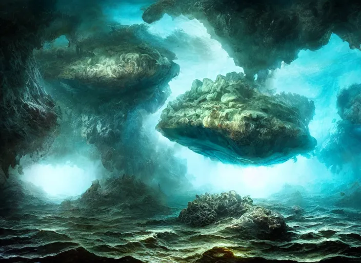 Image similar to underwater in the lake of an alien planet, digital art, detailed, artgerm, artstation, deviant art, by kim keever