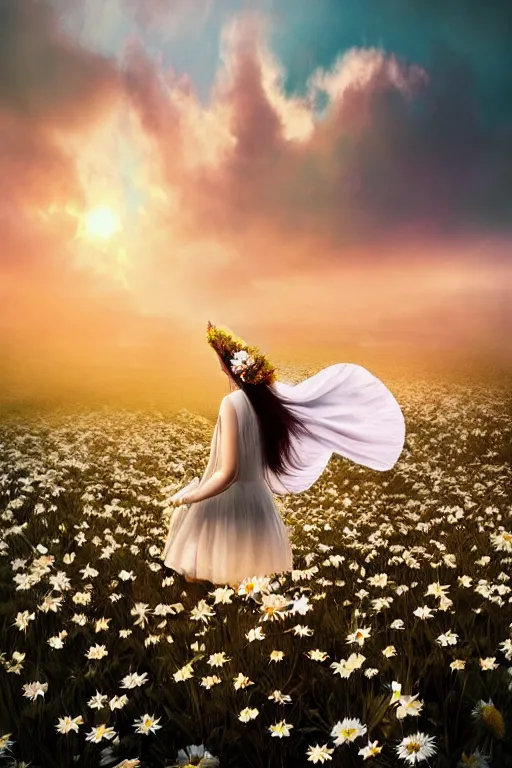 Image similar to giant white daisy flower crown head, veil girl walking in a flower field, surreal photography, sunrise, dramatic light, impressionist painting, colorful clouds, digital painting, artstation, simon stalenhag