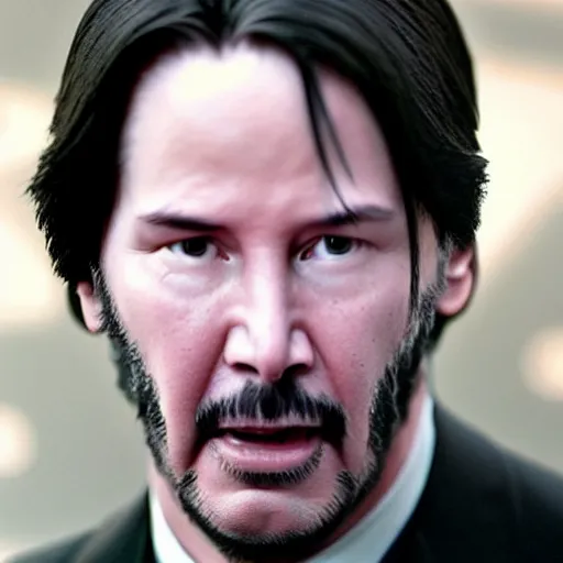 Prompt: A still of Keanu Reeves as President Snow in The Hunger Games (2012)