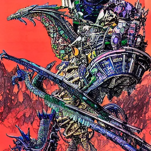 Image similar to middle age knight riding a giant mechanical dragon, art by philippe druillet,