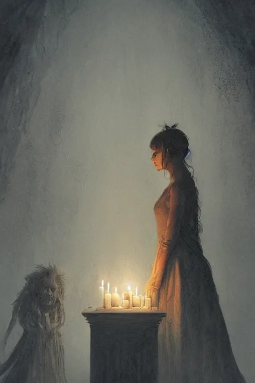 Image similar to Spirit holding a candle in the middle of the room, horror, illustrated by Greg Rutkowski and Caspar David Friedrich., Trending on artstation, artstationHD, artstationHQ, 4k, 8k