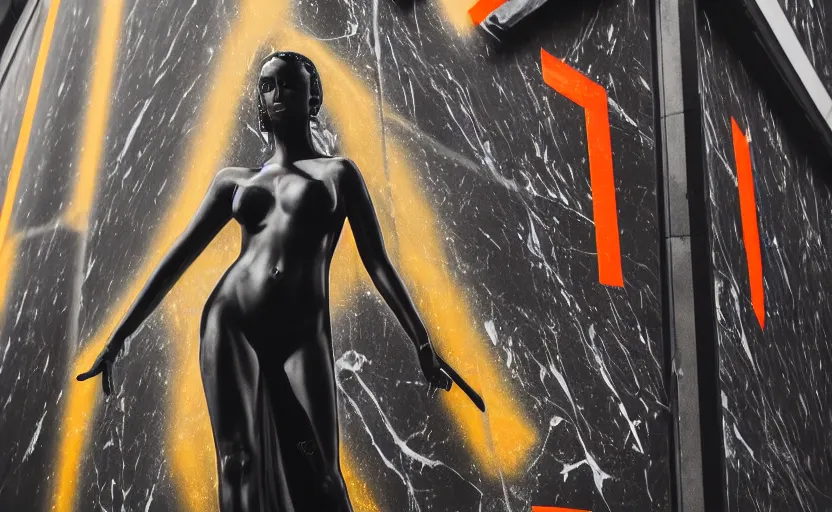 Image similar to night time photo of billboard advertisement of extremely beautiful female black marble statue in the style of virgil abloh, colorful motocross logos behind her, sharp focus, clear, detailed,, cinematic, detailed, off white, glamourous, symmetrical, vogue, editorial, fashion, magazine shoot, glossy