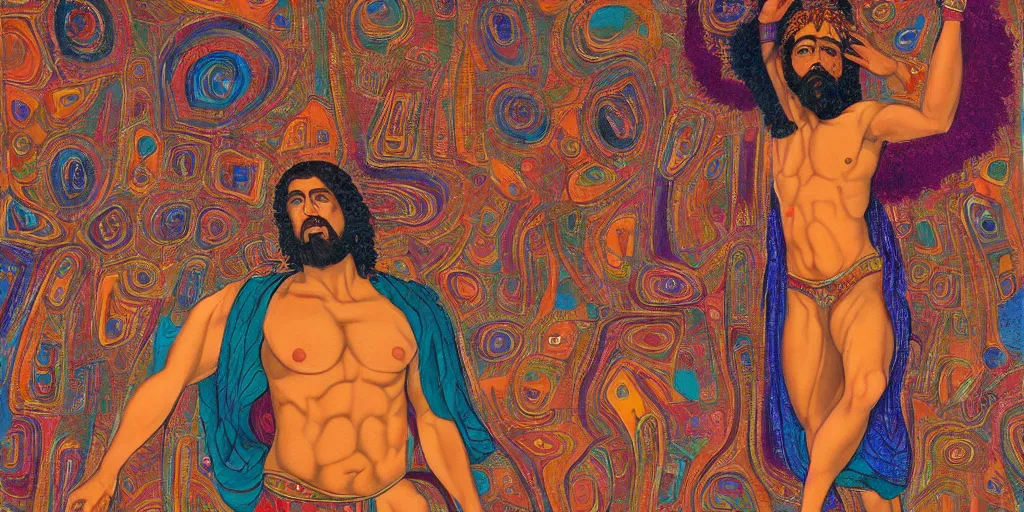 Prompt: an abstract spiritual background, a latino greek god dancing, clear eyes. 2 4 mm, photorealistic, muted color scheme, directed by mati klarwein