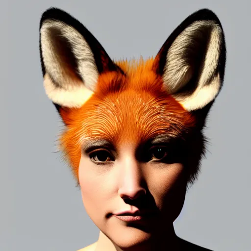 Image similar to woman with fox ears and fox facial features, furry face, close - up, headshot, detailed, symmetric