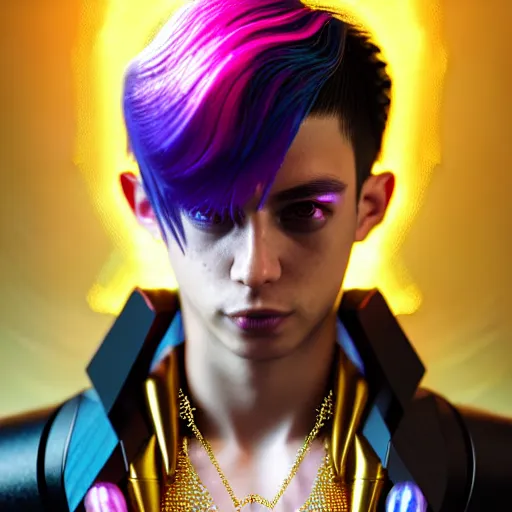 Prompt: hyperdetailed portrait of a stunningly beautiful cyberpunk cutie european boy with short dark hair guard made of iridescent metals and shiny pink gems, bright rainbow nimbus, gold necklace, gold background inspired by ross tran and masamune shirow and kuvshinov, intricate, photorealistic, octane render, rtx, hdr, unreal engine, dnd digital art by artgerm