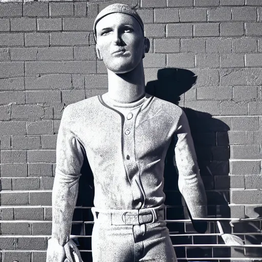 Image similar to “a realistic detailed photo of a guy who is an attractive humanoid who is half robot and half humanoid, who is a male android, baseball player Mike Trout, shiny skin, posing like a statue, blank stare, on the baseball field, on display”