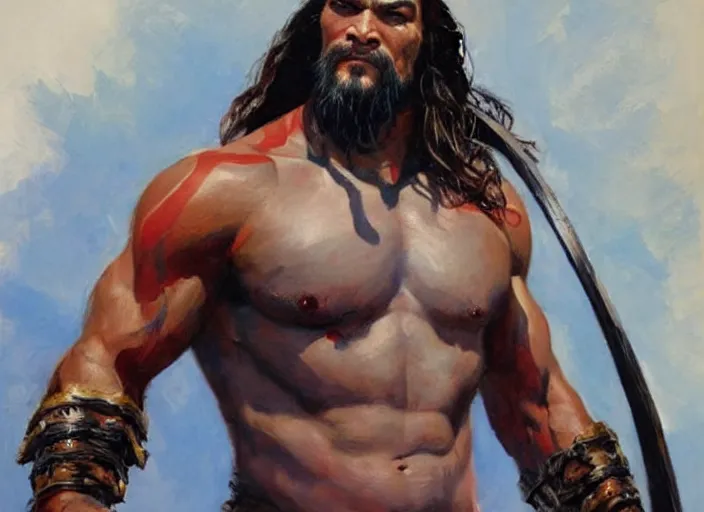 Image similar to a highly detailed beautiful portrait of jason momoa as kratos, by gregory manchess, james gurney, james jean