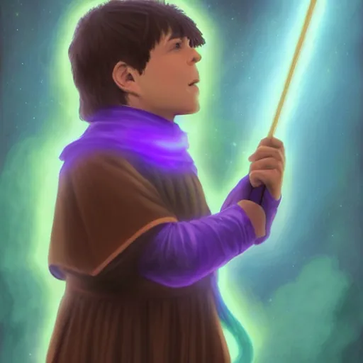 Prompt: Profile picture of a 30 year old halfling wizard. Medium length brown hair, hooded purple cloak. Glowing blue wand charged with energy. Organic Painting, Matte Painting, meaningful