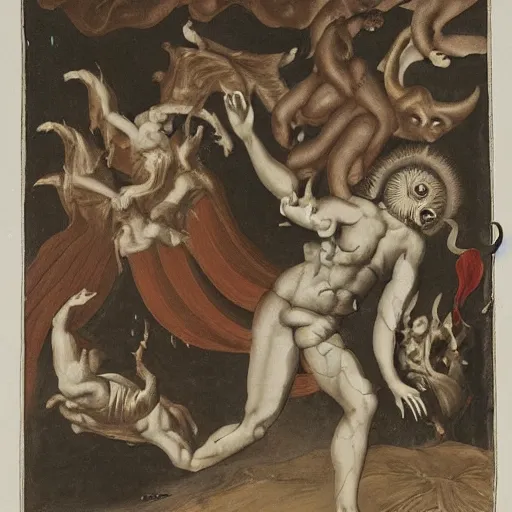 Image similar to a horror vacui depicting birth death God and the devil,