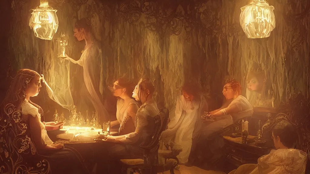 Image similar to a seance in an old victorian parlor, ectoplasm, manifestations, spirits, crystal ball, fantasy, intricate, cinematic lighting, highly detailed, digital painting, artstation, concept art, smooth, sharp focus, illustration, art by Artgerm and Greg Rutkowski and Alphonse Mucha