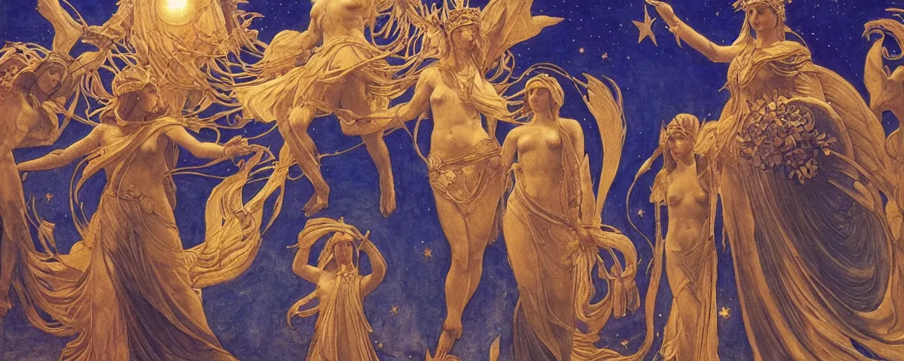 Image similar to saint woman, venus, athena, queen, by annie swynnerton and nicholas roerich and jean delville, strong dramatic cinematic lighting, ornate headdress, flowing robes, spines, flowers, stars, lost civilizations, smooth, sharp focus, extremely detailed, marble, obsidian, gold, space