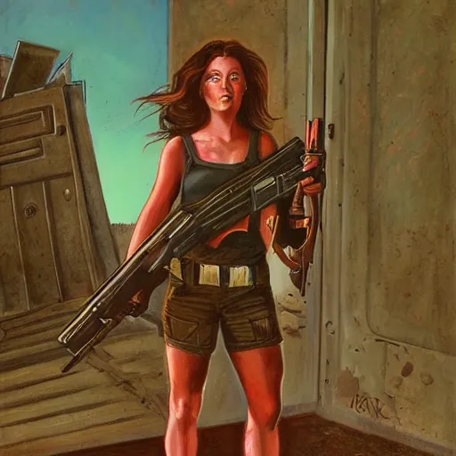 Image similar to doomgirl stands with a shotgun in her hands near the adm gates, realism, proportions, quality