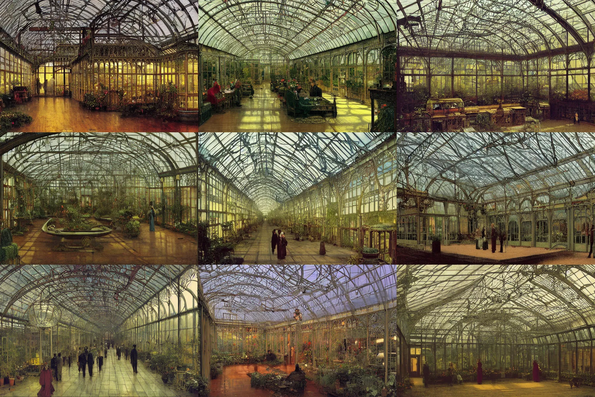 Prompt: a beautiful painting, filled with eerie ghosts of da vinci marconi tesla edison einstein newton wosniak gutenberg and wright brothers, inside a large overgrown victorian greenhouse with large windows, warm lights, evening, stunningly beautiful art nouveau architecture, illustration by john atkinson grimshaw