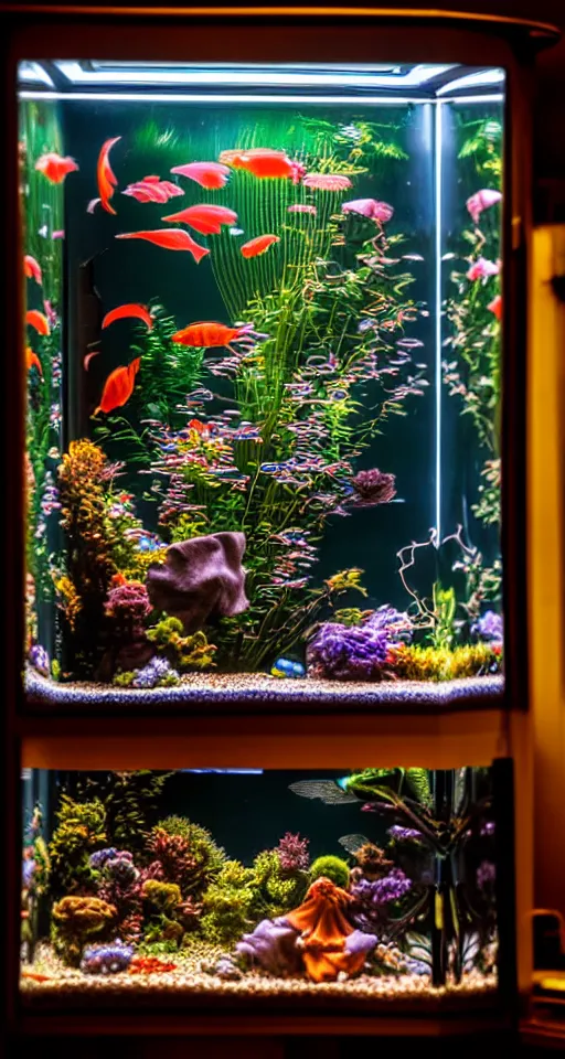 Image similar to telephoto 7 0 mm f / 2. 8 iso 2 0 0 photograph depicting the feeling of chrysalism in a cosy safe cluttered french art nouveau cyberpunk apartment in a dreamstate art cinema style. fish tank, ambient light.