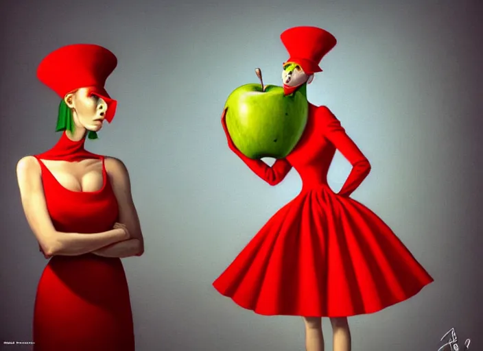 Prompt: a digital painting of a anthropomorphic humanoid green apple wearing a red dress, by netter and René Magritte, style from greg rutkowski, googly eyes, full frame, oil painting, featured on artstation, concept art, smooth, sharp focus, illustration, very detailed, ambient lighting, unreal engine render