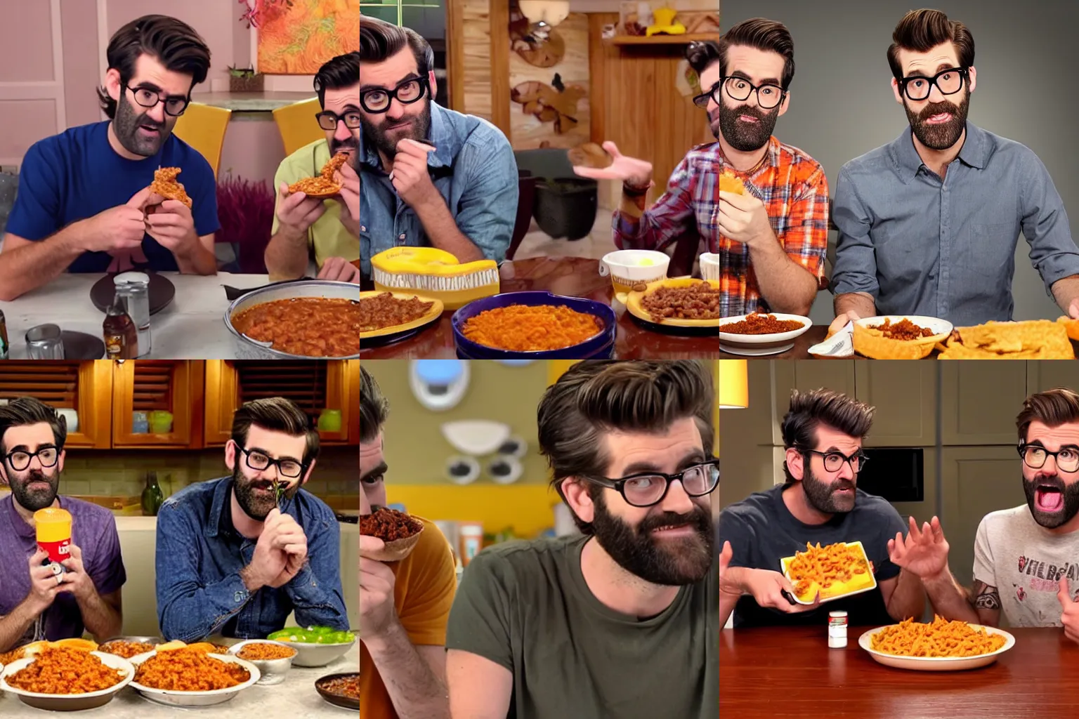 Prompt: Rhett and Link eating chili cheese tops and having a rough time, picture, real people,