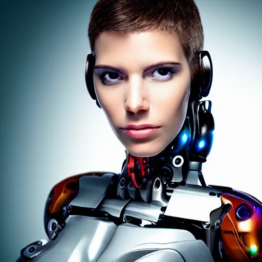 Prompt: portrait photo of a beautiful female cyborg