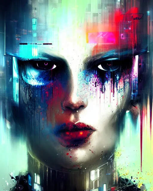 Prompt: a cyberpunk with beautiful eyes wearing futuristic clothing, defiant, passionate, spotlight, paint drips, paint splatter, vibrant colors, dramatic, canvas texture, futuristic clothing, by marco paludet, by jeremy mann