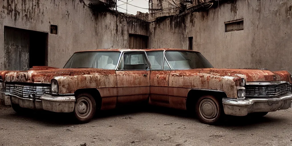 Prompt: a widescreen photo of a old rusty cadillac full with angry children, in a dark alley, low light, by steve mccurry