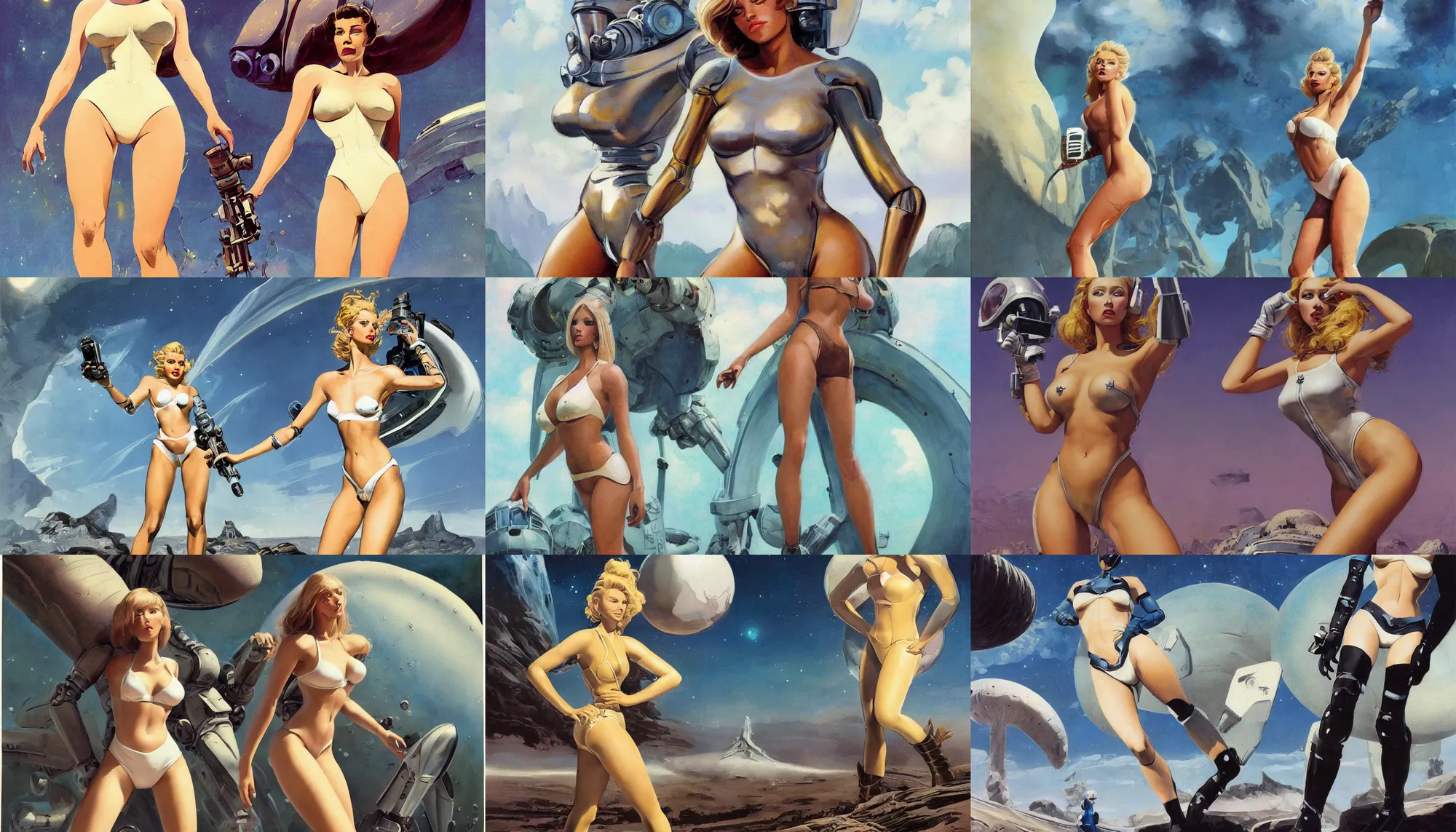Prompt: A mixed media portrait painting of a beautiful blonde brunette woman exploring an alien planet, very curvy, aesthetic! high-waisted white-bikini-armor and boots, aesthetic symmetrical face and eyes, model, Scandinavian, wet, discarded mechsuit in background, by Frank Frazetta, Boris Vallejo, Beeple, Greg Rutkowski, Christian MacNevin, eighties-pinup style, epic fantasy character art, high fantasy, CGsociety, exquisite detail, post-processing, masterpiece, cinematic