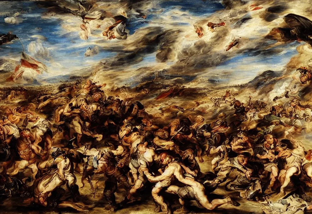 Prompt: afghanistan war by peter paul rubens, desert, battlefield, bombs