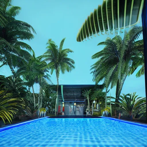 Image similar to a bar made with translucid fabric, swimming pool in front, parametric, blue hour, hyperrealistic, elevation, vray, unreal engine, lush tropical plants