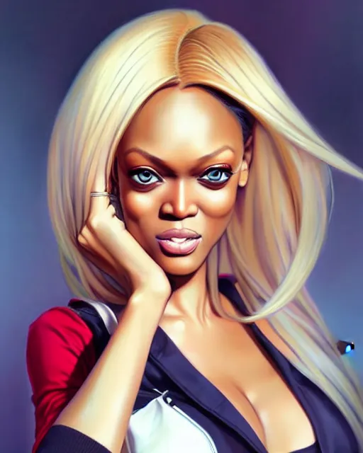 Prompt: portrait of Tyra Banks as Anime girl cute-fine-face, blonde hair, full body! pretty face, realistic shaded Perfect face, fine details. Anime. realistic shaded lighting by Ilya Kuvshinov Giuseppe Dangelico Pino and Michael Garmash and Rob Rey
