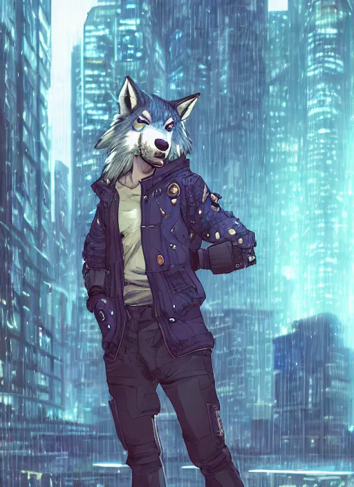 Prompt: character portrait of a male anthro wolf fursona with a tail and a cute beautiful attractive detailed furry face wearing stylish cyberpunk clothes in a cyberpunk city at night while it rains. hidari, color page, tankoban, 4K, tone mapping, Akihiko Yoshida. Nomax, Kenket, Rukis.