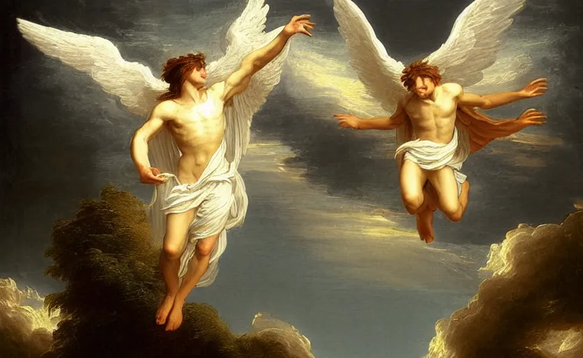 Image similar to a beautiful male angel wearing white angelic clothes flying among heaven and hell painted by thomas cole