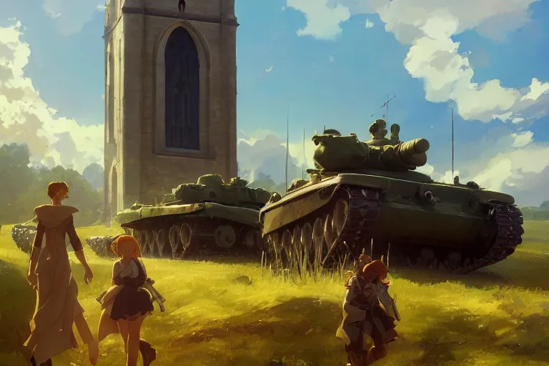 Prompt: a tank with a church as tanktower, scene in an open field. key visual, conceptart, ambient lighting, highly detailed, digital painting, artstation, concept art, sharp focus, by makoto shinkai and akihiko yoshida and greg manchess