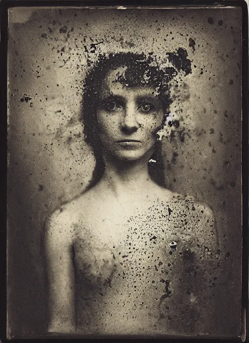 Image similar to old wetplate daguerreotype portrait, negative burn, explosion of data fragments, fractal, intricate, elegant, highly detailed, parallax, leica, medium format, subsurface scattering, by jheronimus bosch and greg rutkowski and louis jacques mande daguerre