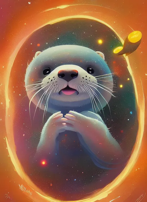 Prompt: a beautiful portrait of a cute otter swimming in outer space galaxy, detailed trending on artstation, ( ( art by rhads ) ), ( ( art by miyazaki ) )