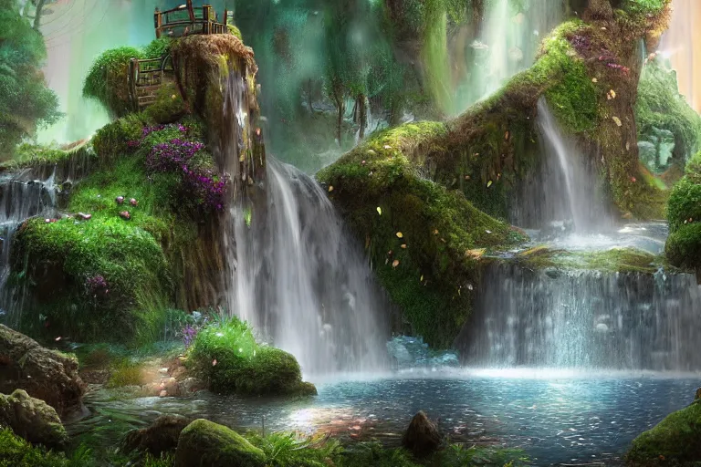 Image similar to An enchanted fantasy waterfall. Cinematic lighting. Photorealism.