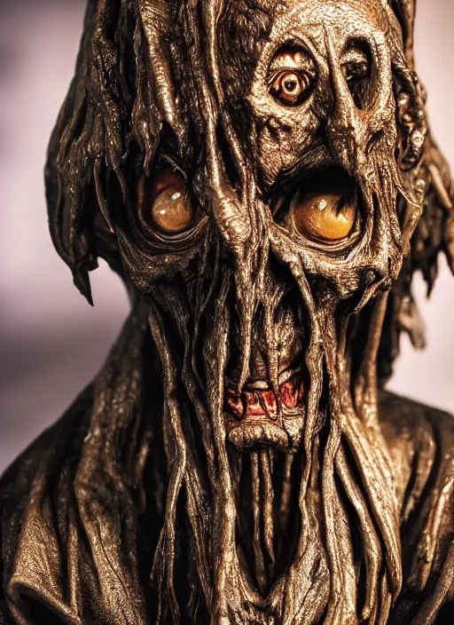 Image similar to photo taken of an epic intricate, ultra detailed, super realistic sculpture of a nightmarish hellish demonic hooded grim reaper sculpture on display in a workshop, created by weta workshop, full body shots, photorealistic, sharp focus, f 0. 4, face centred, macro photography, golden ratio, golden hour