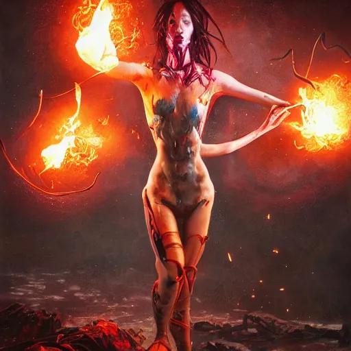 Prompt: fire juggling cyborg girl by wagner kuroiwa tristan eaton, stanley artgermm, tom bagshaw, greg rutkowski, carne griffiths, ayami kojima, beksinski, unreal engine, trending on deviantart, photorealistic, vray, hdr, hyper detailed, dramatic lighting, octane render, weta digital, 3 d sculpture