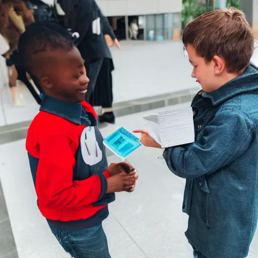 Image similar to a child exchanging a ticket for a coin from an adult, photorealistic