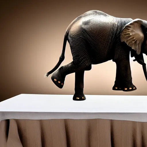 Image similar to an elephant jumping down a table,