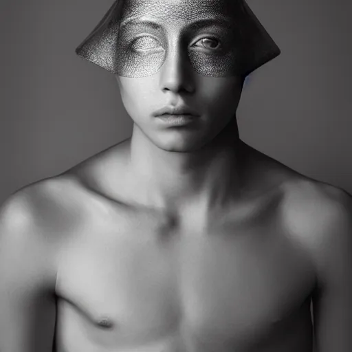 Prompt: a portrait of the most beautiful mexican young men wearing a translucide holographic veil designed by iris van herpen, photographed by erwin olaf
