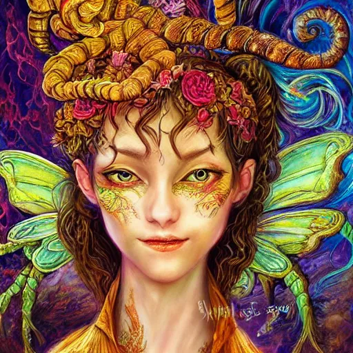 Prompt: portrait of a scorpion fairy, fantasy, magic realism, whimsical, horror, art by josephine wall and and hr geiger and chengwei pan and amanda sage, intricately detailed, highly detailed, luxurious, elegant, clean, unsettling, trending on artstation