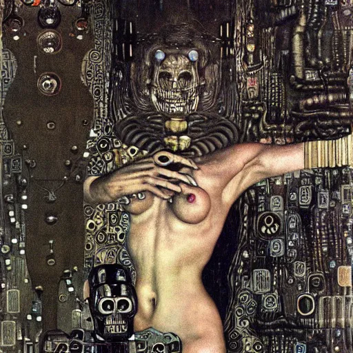 Prompt: depraved cybernetic demon, circuitry, intricate detail, klimt, frazetta, giger,